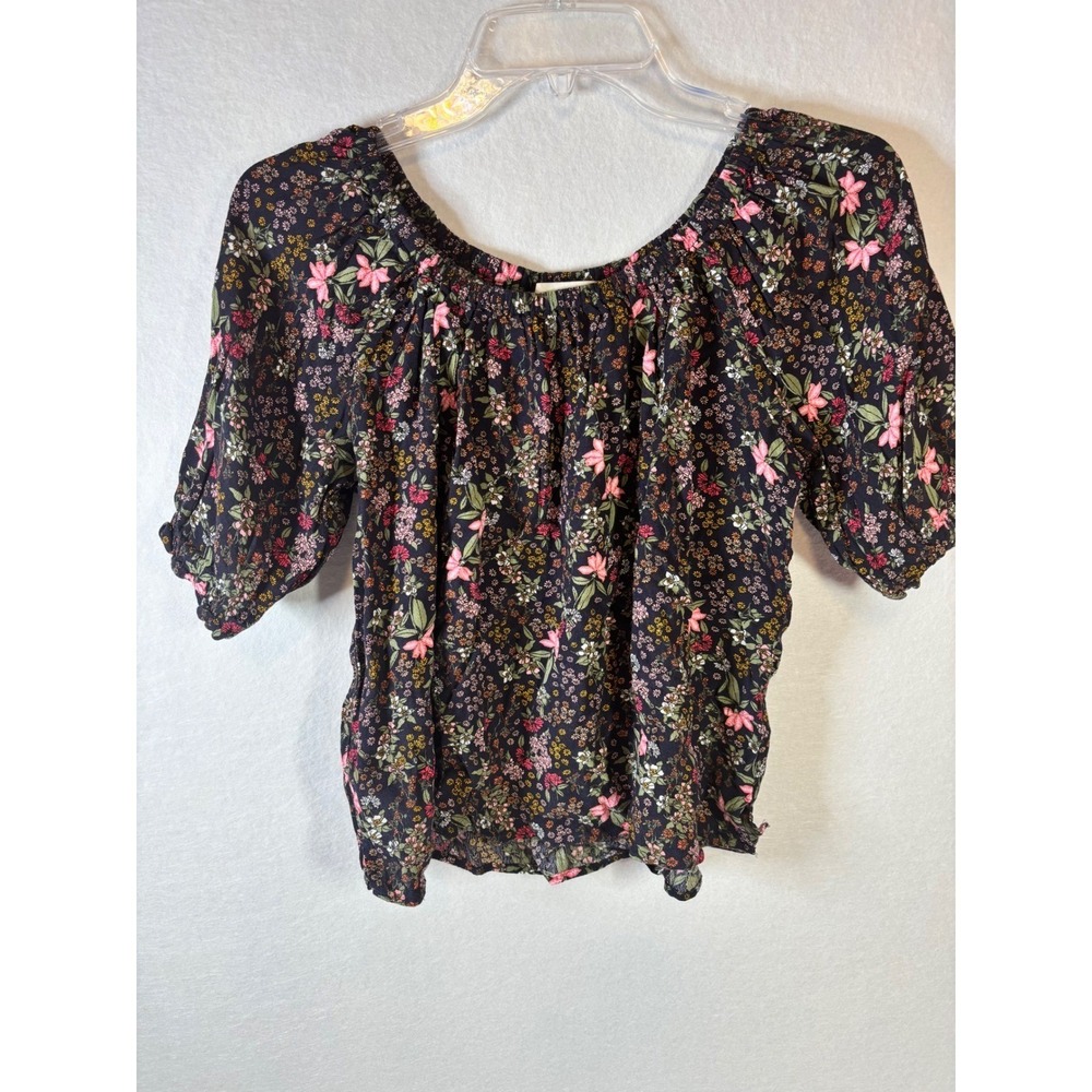 LOFT Floral Blouse Womens SP Black Rayon Boho Puff Sleeve Ruffle Petite Top